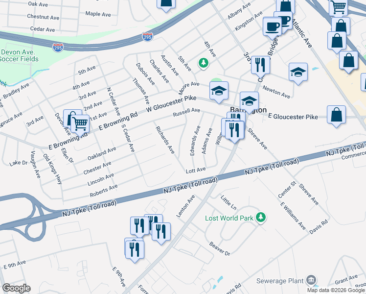 map of restaurants, bars, coffee shops, grocery stores, and more near 221 South Moore Avenue in Barrington