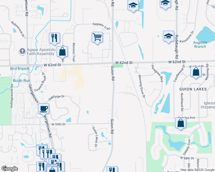 map of restaurants, bars, coffee shops, grocery stores, and more near 6060 Guion Road in Indianapolis