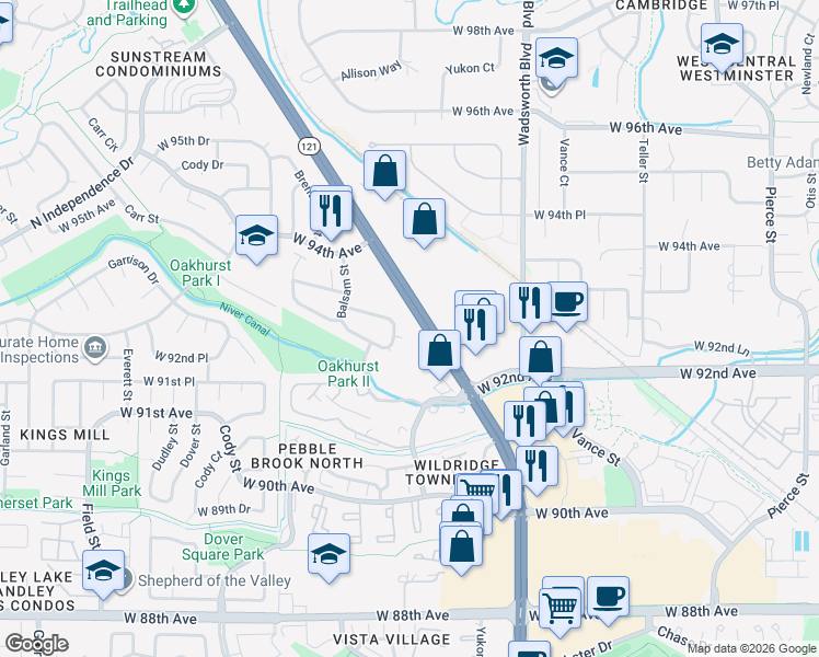 map of restaurants, bars, coffee shops, grocery stores, and more near 8159 West 93rd Circle in Westminster