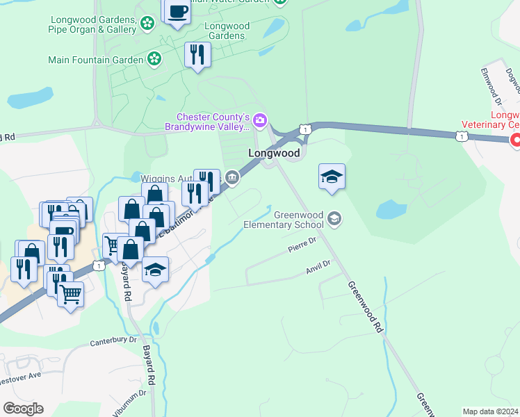 map of restaurants, bars, coffee shops, grocery stores, and more near 244 Deepdale Drive in Kennett Square