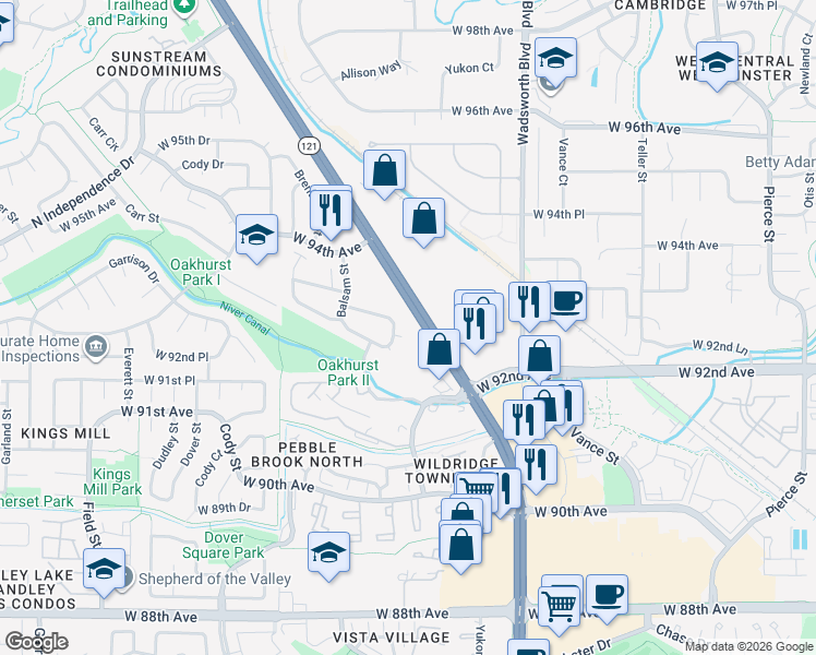 map of restaurants, bars, coffee shops, grocery stores, and more near 8159 West 93rd Circle in Westminster