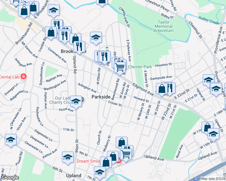 map of restaurants, bars, coffee shops, grocery stores, and more near 20 Beechwood Road in Brookhaven