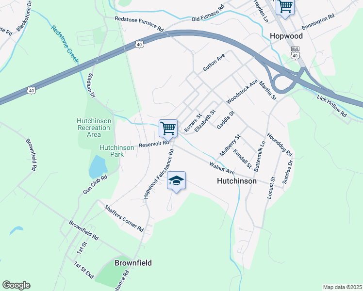 map of restaurants, bars, coffee shops, grocery stores, and more near 1003 Walnut Avenue in Uniontown