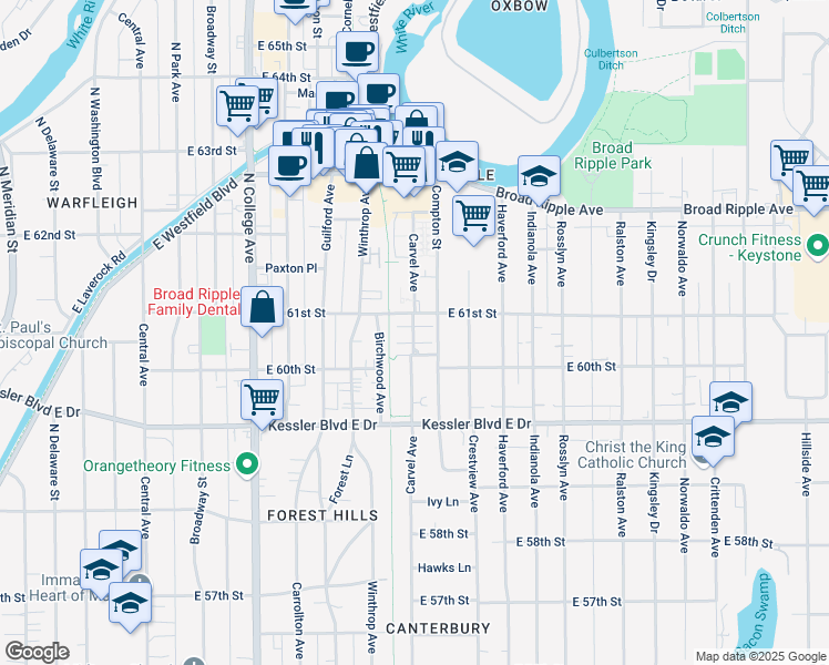 map of restaurants, bars, coffee shops, grocery stores, and more near 6050 Carvel Avenue in Indianapolis