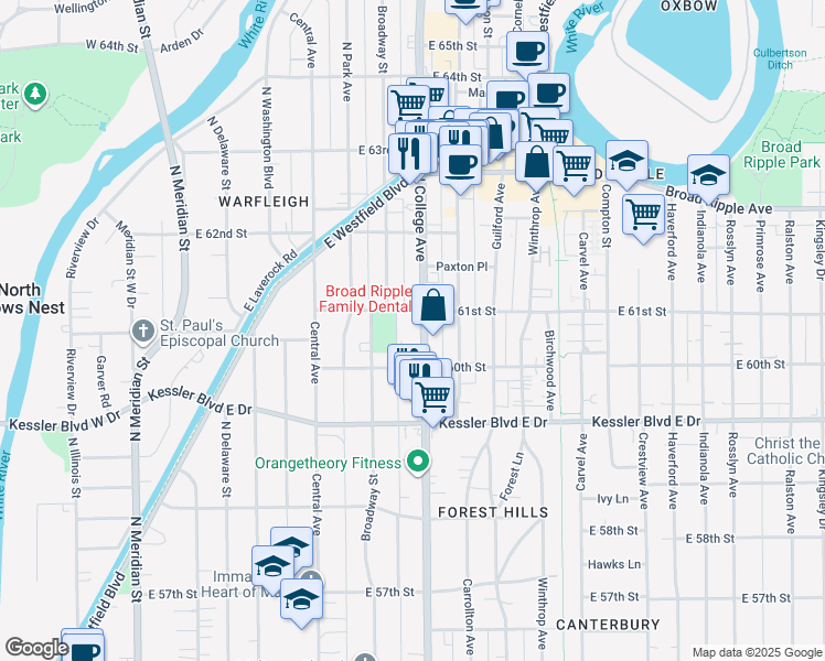 map of restaurants, bars, coffee shops, grocery stores, and more near 6060 North College Avenue in Indianapolis