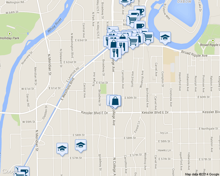 map of restaurants, bars, coffee shops, grocery stores, and more near 6060 North College Avenue in Indianapolis