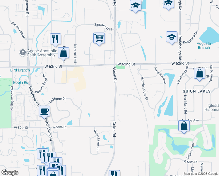 map of restaurants, bars, coffee shops, grocery stores, and more near 6060-6150 Guion Road in Indianapolis