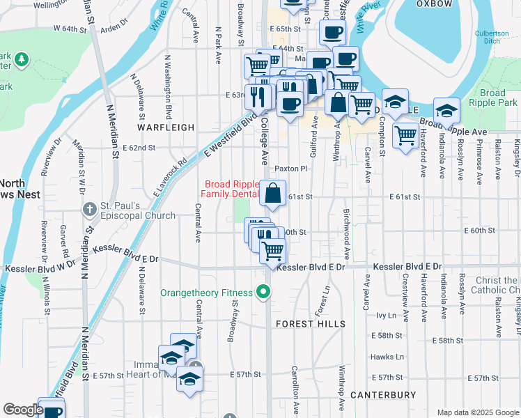 map of restaurants, bars, coffee shops, grocery stores, and more near 6060 North College Avenue in Indianapolis