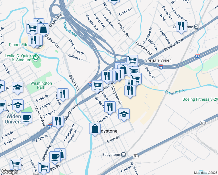 map of restaurants, bars, coffee shops, grocery stores, and more near 1423 Chester Pike in Eddystone