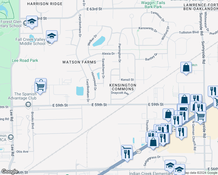 map of restaurants, bars, coffee shops, grocery stores, and more near 5970 Draycott Drive in Indianapolis