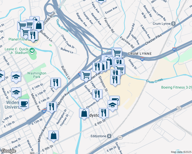map of restaurants, bars, coffee shops, grocery stores, and more near 1423 Chester Pike in Eddystone