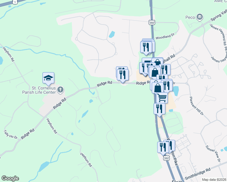 map of restaurants, bars, coffee shops, grocery stores, and more near 51 Ridings Way in Chadds Ford