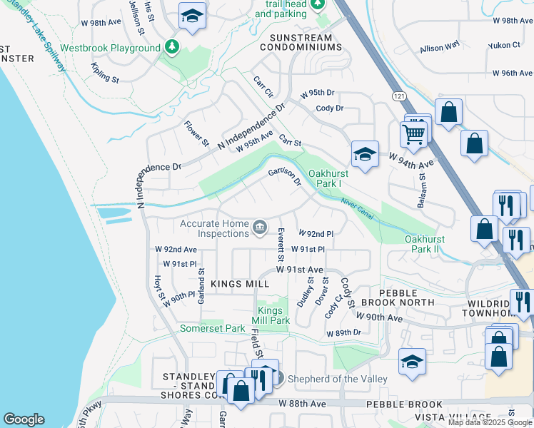 map of restaurants, bars, coffee shops, grocery stores, and more near 9304 Field Lane in Westminster