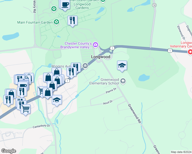 map of restaurants, bars, coffee shops, grocery stores, and more near 242 Deepdale Drive in Kennett Square