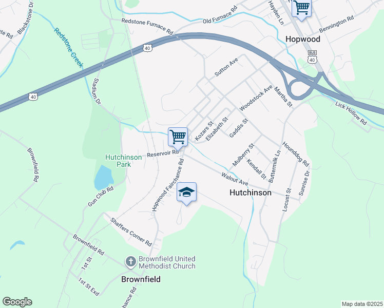 map of restaurants, bars, coffee shops, grocery stores, and more near 1003 Walnut Avenue in Uniontown