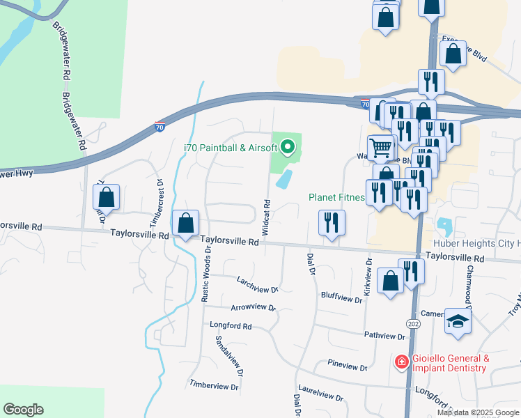 map of restaurants, bars, coffee shops, grocery stores, and more near 4885 Lodgeview Drive in Dayton