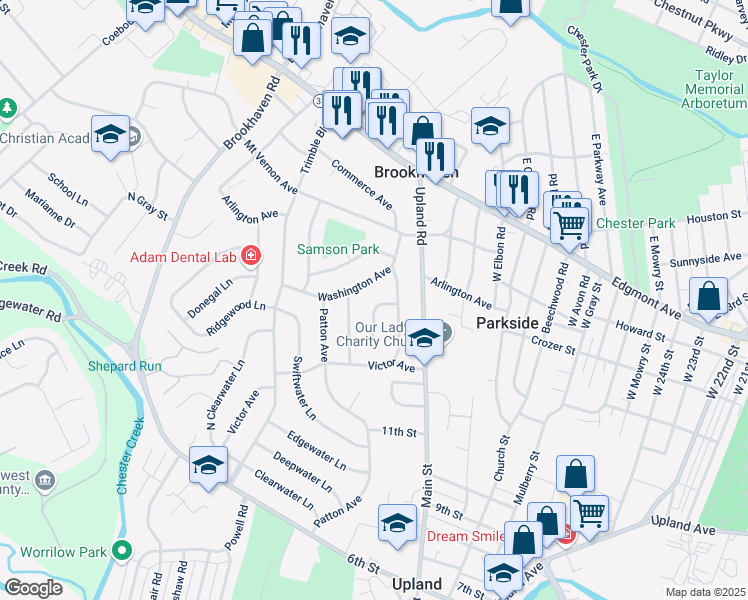 map of restaurants, bars, coffee shops, grocery stores, and more near 3408 Washington Avenue in Brookhaven