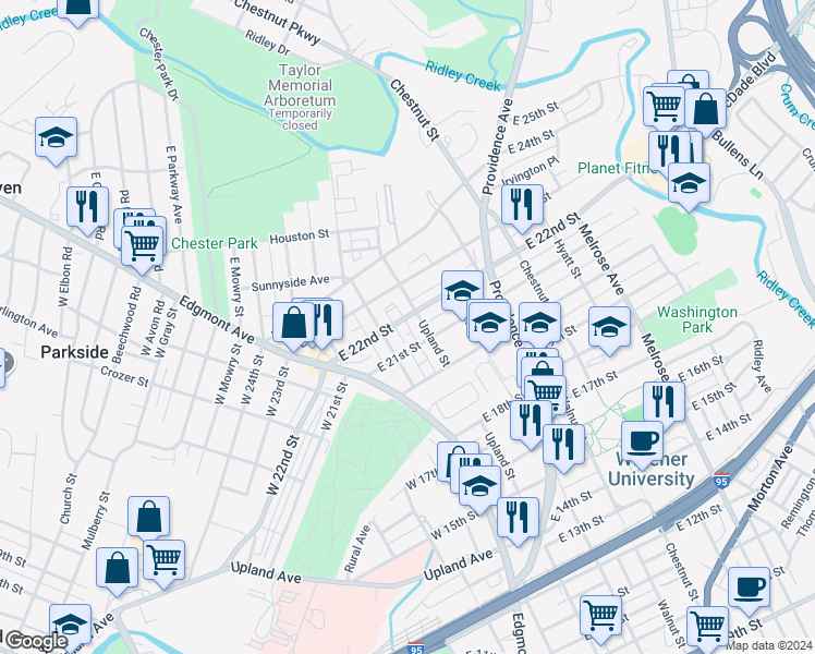 map of restaurants, bars, coffee shops, grocery stores, and more near 121 East 22nd Street in Chester