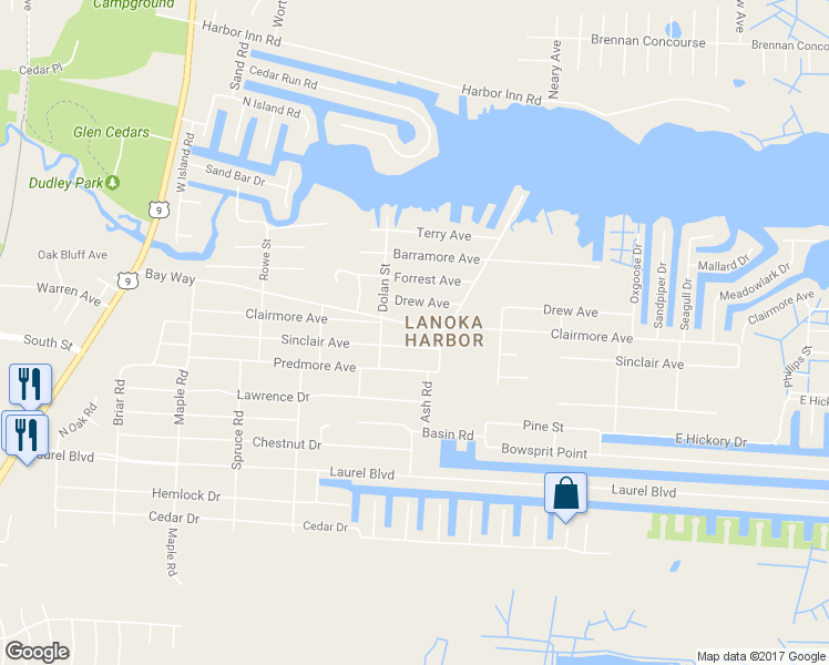 map of restaurants, bars, coffee shops, grocery stores, and more near 413 Bay Way in Lacey Township