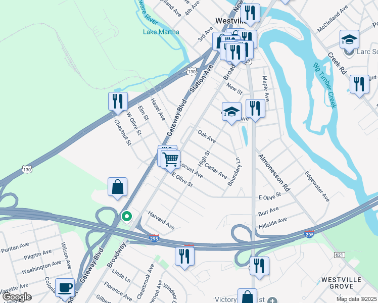 map of restaurants, bars, coffee shops, grocery stores, and more near 10 Spruce Avenue in Westville