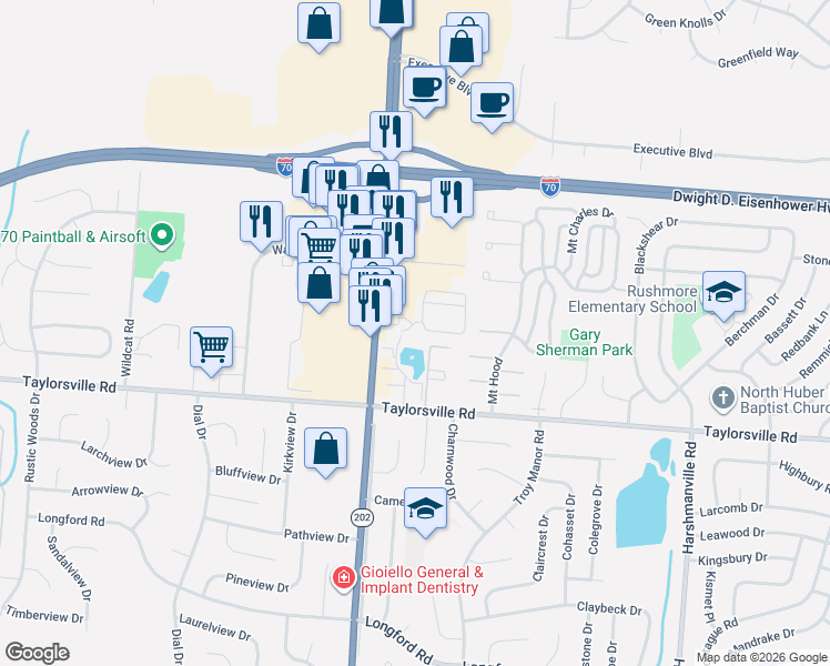 map of restaurants, bars, coffee shops, grocery stores, and more near 7690 Old Troy Pike in Huber Heights