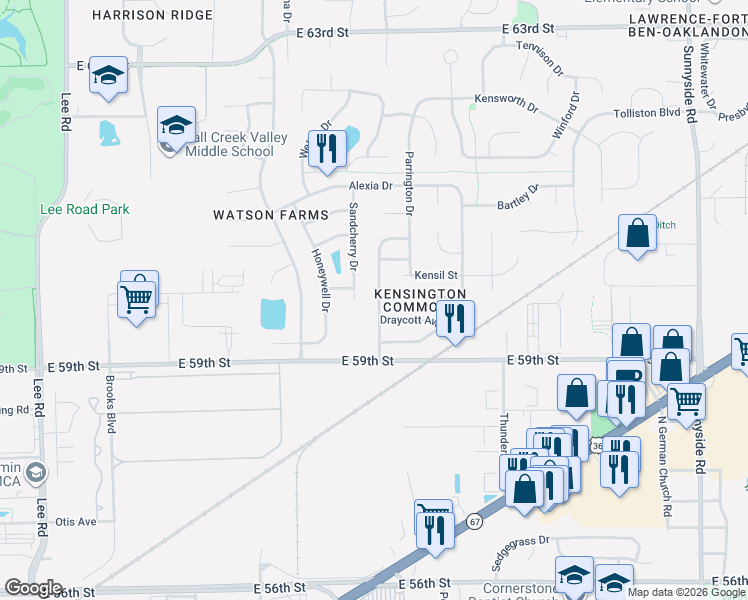 map of restaurants, bars, coffee shops, grocery stores, and more near 10250 Hornton Street in Indianapolis