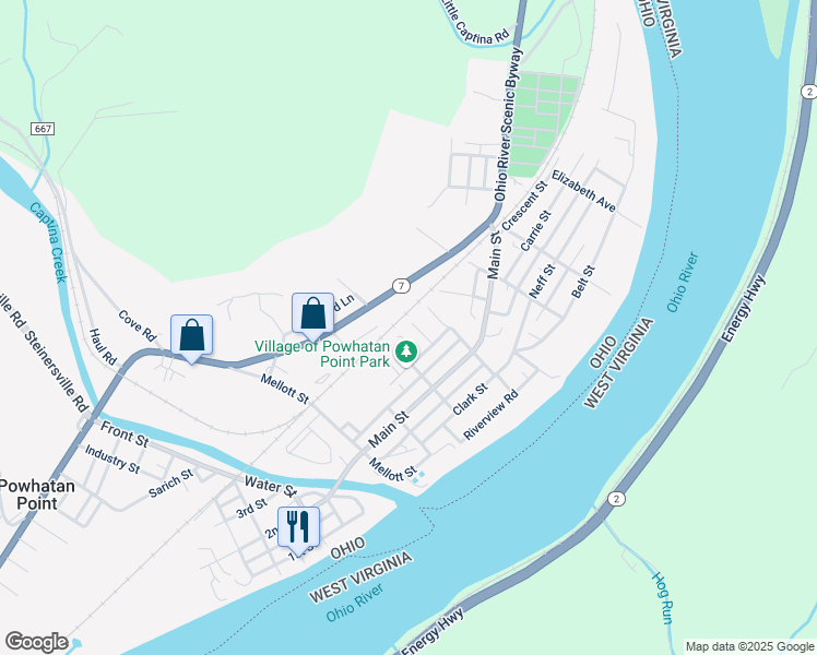 map of restaurants, bars, coffee shops, grocery stores, and more near 151 Allen Avenue in Powhatan Point