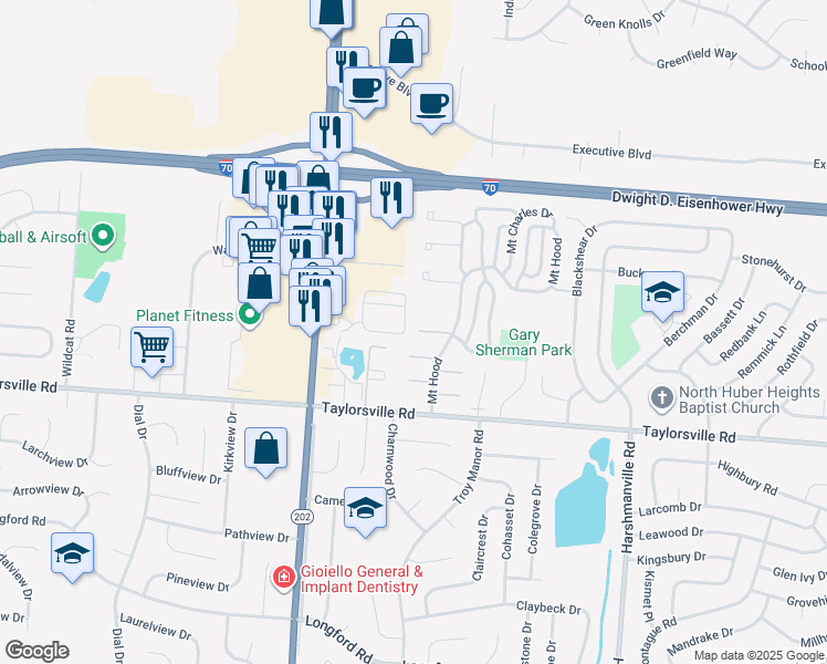 map of restaurants, bars, coffee shops, grocery stores, and more near 7641 Mount Hood in Dayton