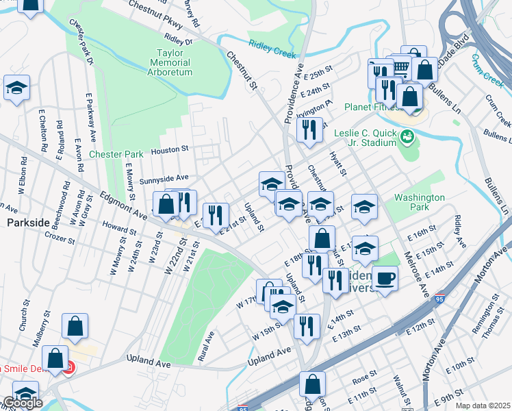 map of restaurants, bars, coffee shops, grocery stores, and more near 208 East 21st Street in Chester