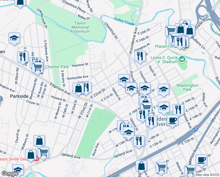 map of restaurants, bars, coffee shops, grocery stores, and more near 125 East 22nd Street in Chester