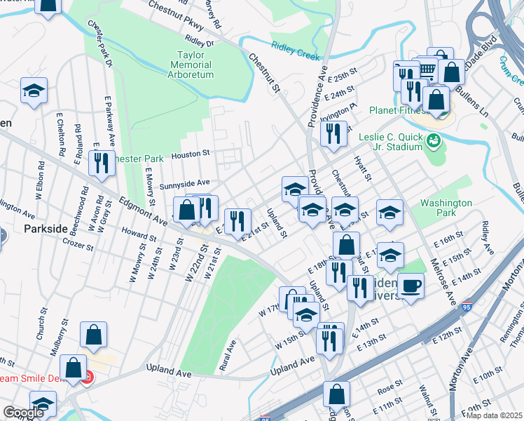 map of restaurants, bars, coffee shops, grocery stores, and more near 125 East 22nd Street in Chester
