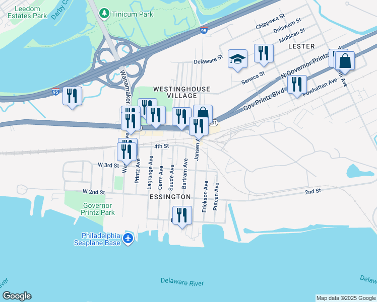 map of restaurants, bars, coffee shops, grocery stores, and more near 345 Bartram Avenue in Tinicum Township