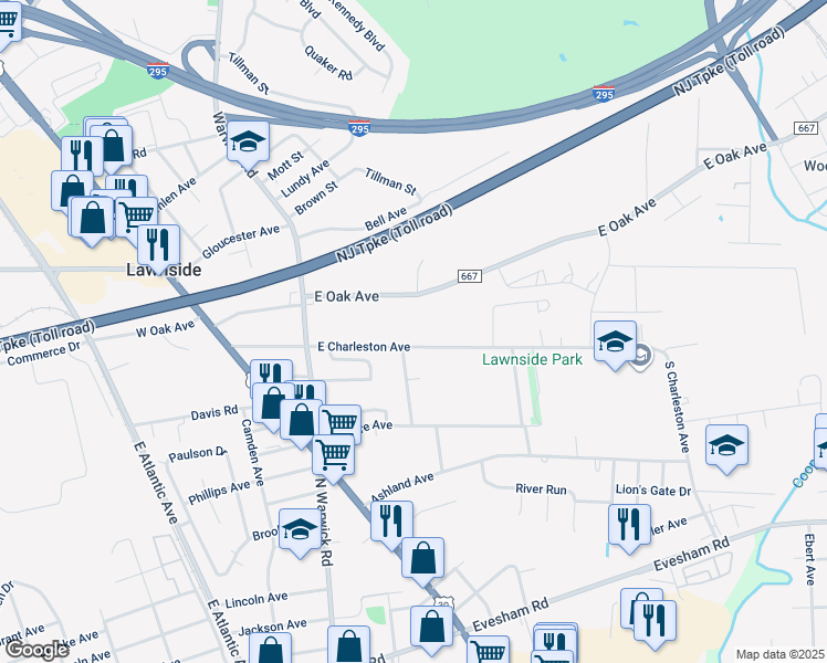 map of restaurants, bars, coffee shops, grocery stores, and more near 107 East Charleston Avenue in Lawnside