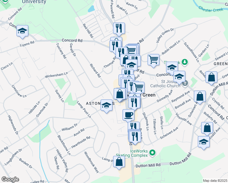 map of restaurants, bars, coffee shops, grocery stores, and more near 3235 Richard Road in Aston