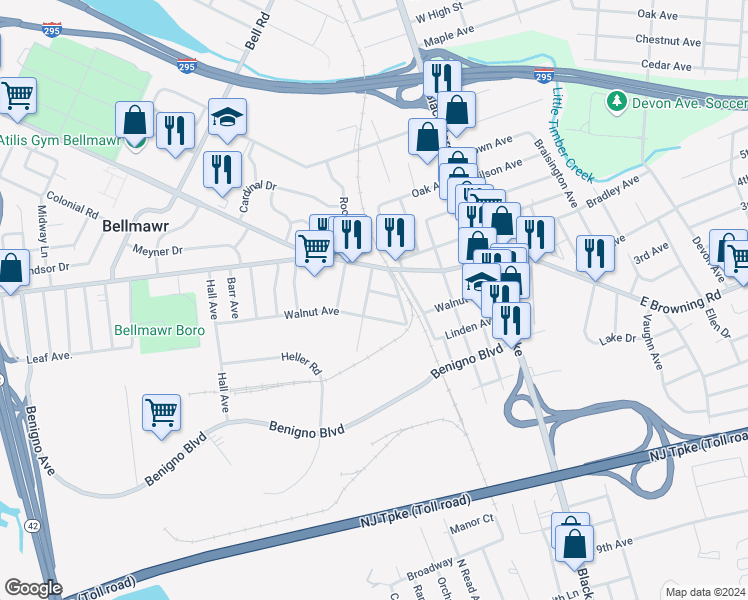 map of restaurants, bars, coffee shops, grocery stores, and more near 124 Troy Ave in Bellmawr