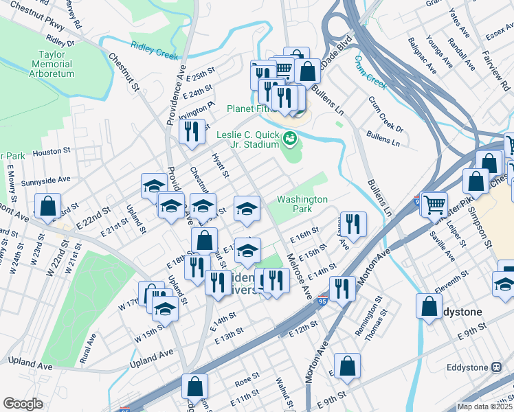map of restaurants, bars, coffee shops, grocery stores, and more near 812 East 18th Street in Chester