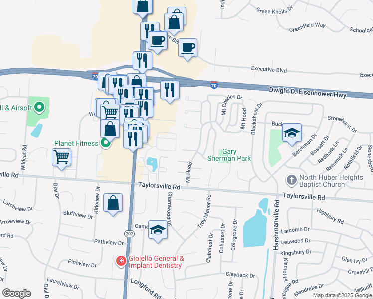 map of restaurants, bars, coffee shops, grocery stores, and more near 7641 Mount Hood in Dayton