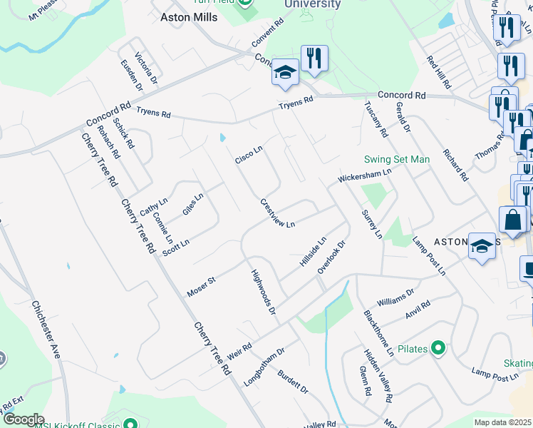 map of restaurants, bars, coffee shops, grocery stores, and more near 2290 Clearview Lane in Delaware County