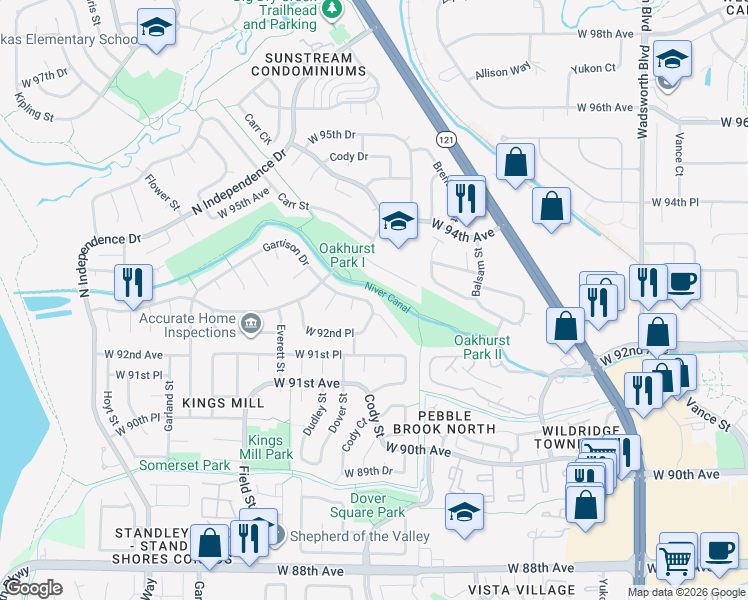 map of restaurants, bars, coffee shops, grocery stores, and more near 9266 Garrison Drive in Westminster