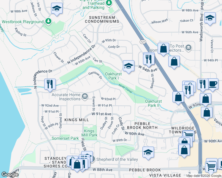 map of restaurants, bars, coffee shops, grocery stores, and more near 9286 Garrison Drive in Westminster