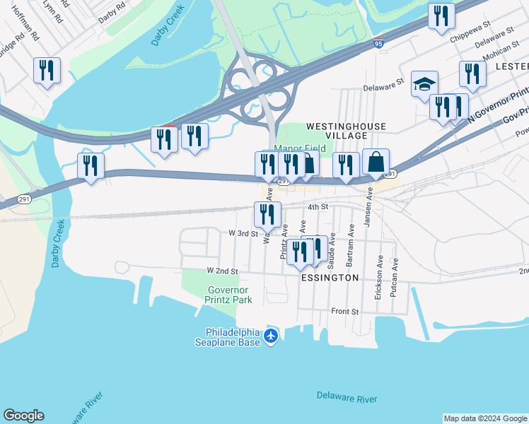 map of restaurants, bars, coffee shops, grocery stores, and more near 318 Warwick Avenue in Tinicum Township