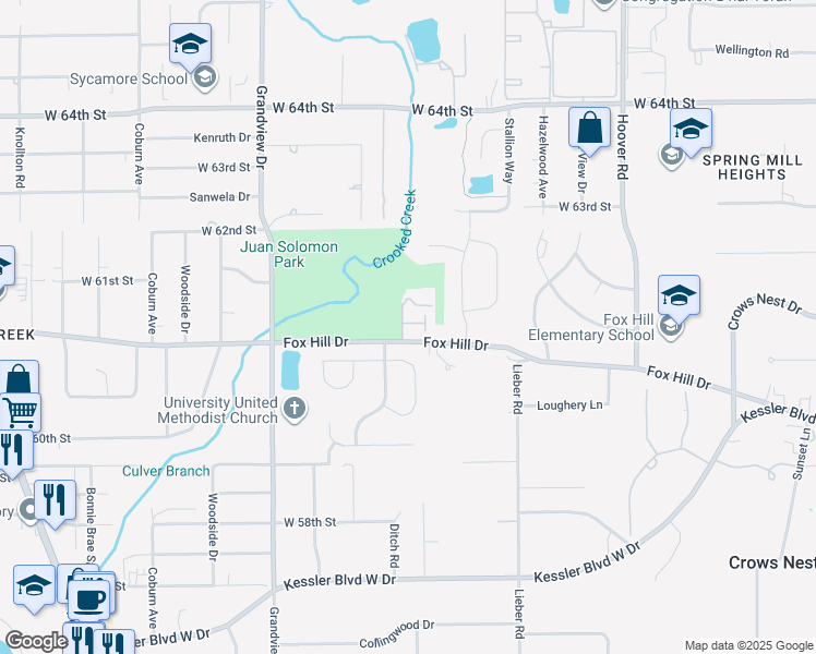 map of restaurants, bars, coffee shops, grocery stores, and more near 1400 Fox Hill Drive in Indianapolis