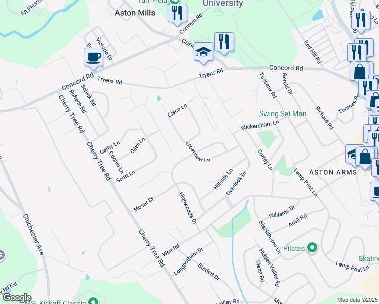 map of restaurants, bars, coffee shops, grocery stores, and more near 2290 Clearview Lane in Delaware County