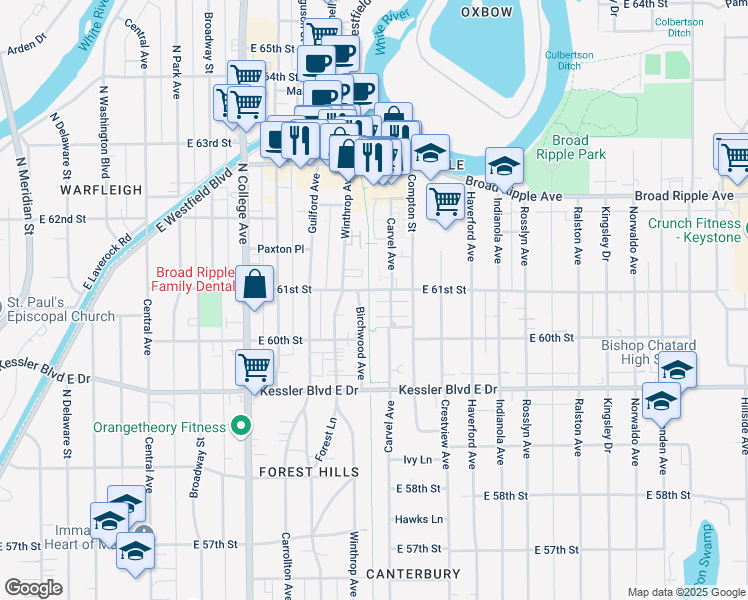 map of restaurants, bars, coffee shops, grocery stores, and more near 6050 Carvel Avenue in Indianapolis