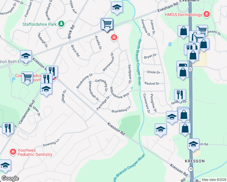 map of restaurants, bars, coffee shops, grocery stores, and more near 46 Jacamar Drive in Voorhees Township