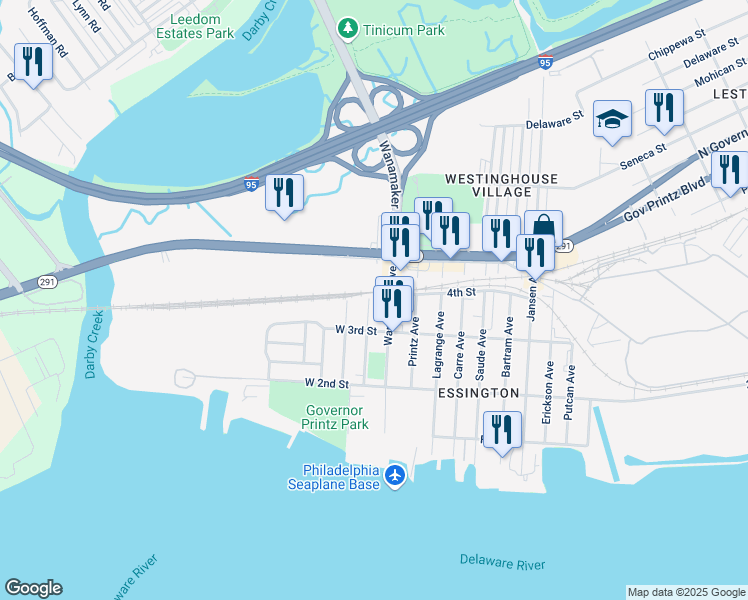map of restaurants, bars, coffee shops, grocery stores, and more near 318 Warwick Avenue in Tinicum Township
