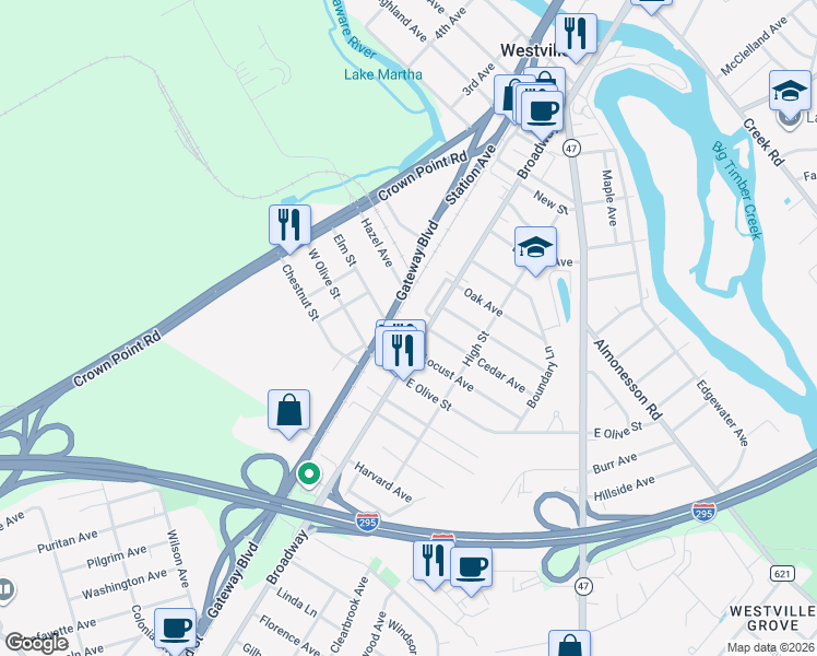 map of restaurants, bars, coffee shops, grocery stores, and more near 712 Broadway in Westville