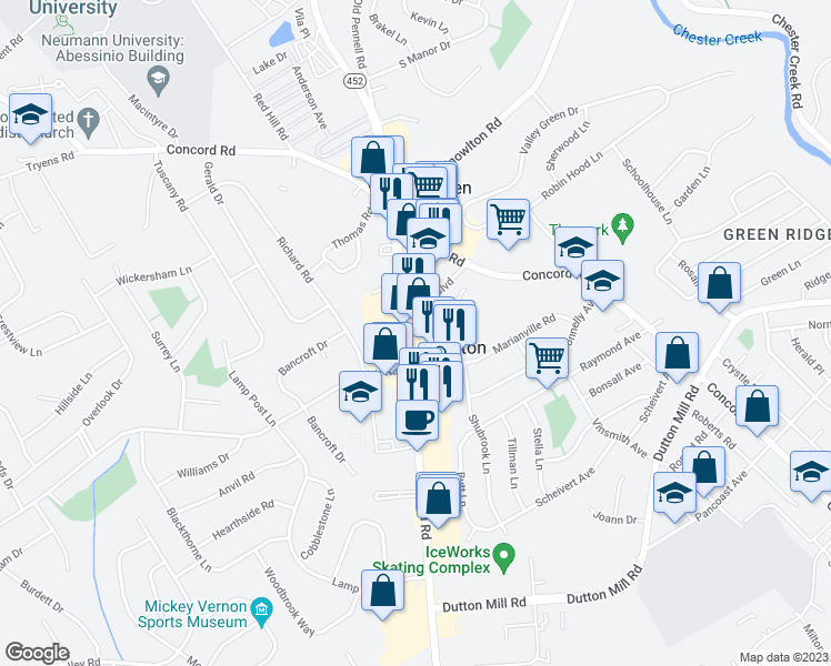 map of restaurants, bars, coffee shops, grocery stores, and more near 5008 Pennell Road in Aston