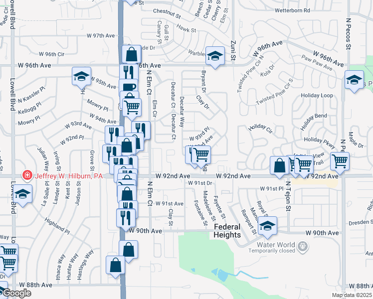 map of restaurants, bars, coffee shops, grocery stores, and more near 2551-2699 West 93rd Avenue in Federal Heights