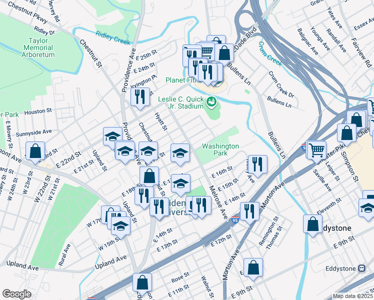 map of restaurants, bars, coffee shops, grocery stores, and more near 812 East 18th Street in Chester